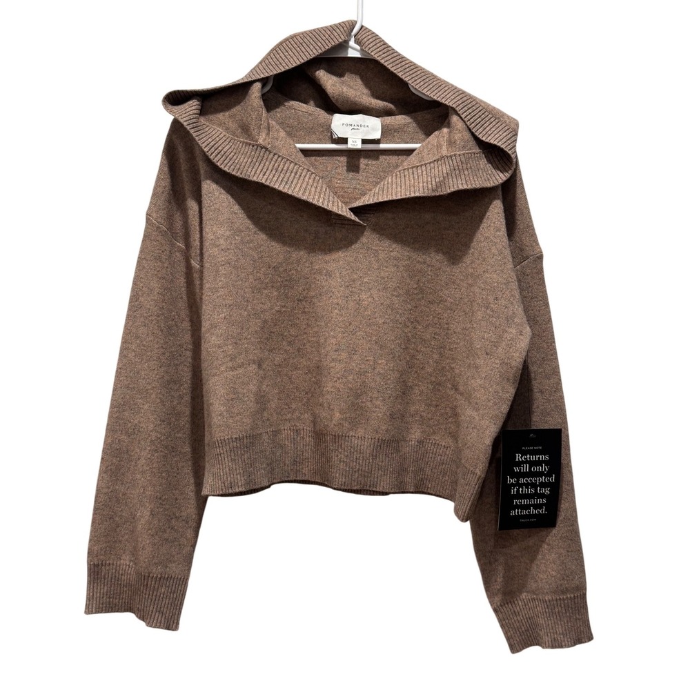 NEW Pomander Place Zarrah Hoodie Sweater Womens XS Brown V-Neck Relaxed Knit